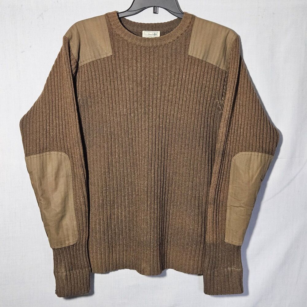 LL Bean Commando Sweater 100% Merino Lambswool Mens XL Brown Shoulder Patches